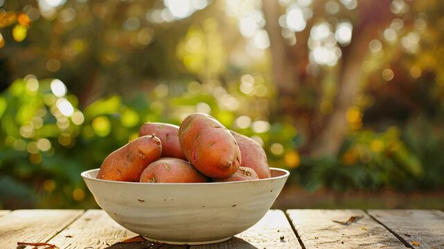 sweet potato in a white bowl on the background of nature