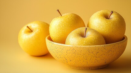 A yellow bowl filled with three apples sitting on top of a table