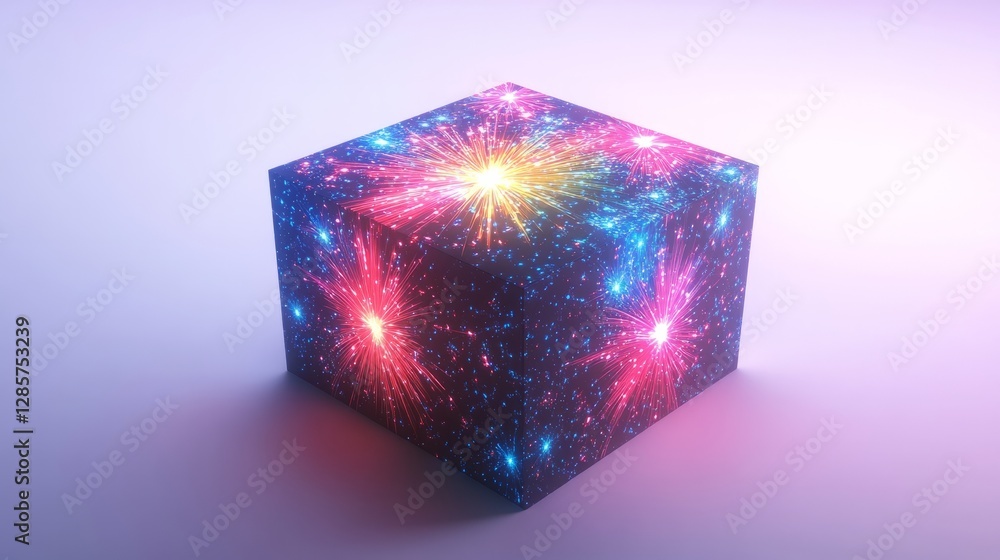 Poster a simple 3d-rendered firework box with a vibrant design of colorful fireworks, sitting against a whi