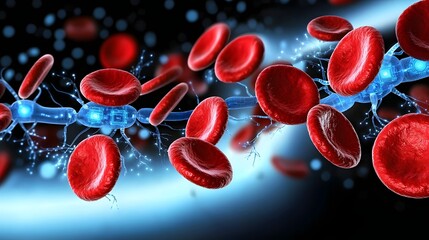 A cybernetic reimagining of the human circulatory system where red blood cells infused with biotechnology enhancements transport microscopic sensors that monitor the body s health in real time