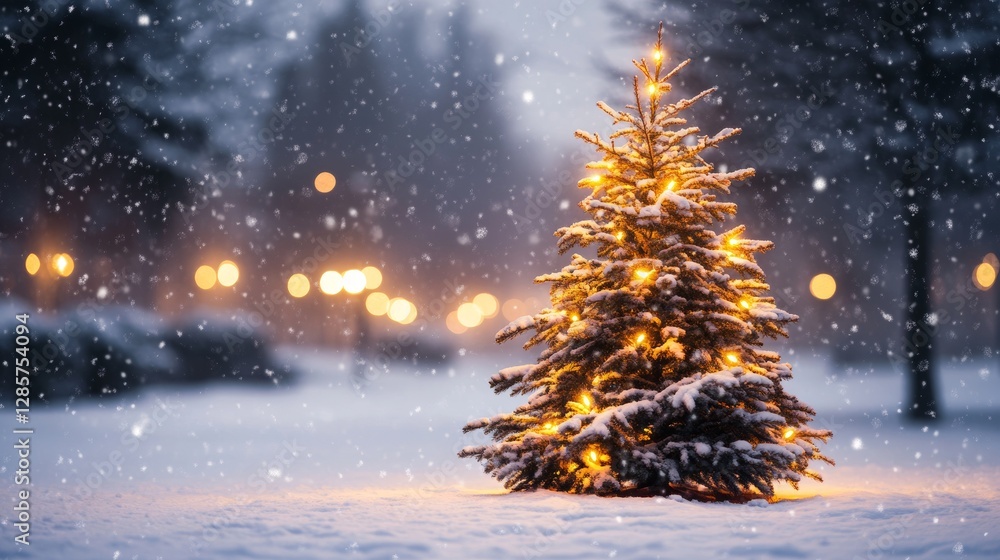 Poster a christmas tree covered in lights stands alone in the snow, creating a peaceful and festive scene. 