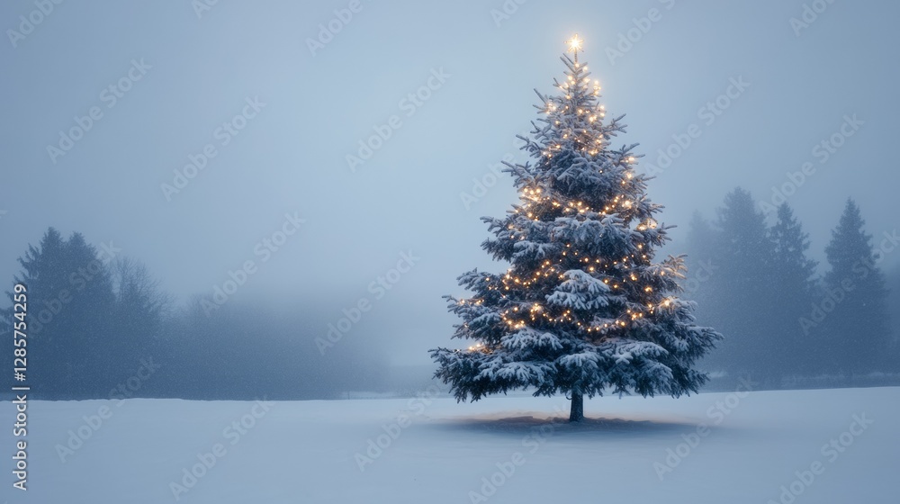 Poster a christmas tree covered in lights stands alone in the snow, creating a peaceful and festive scene. 