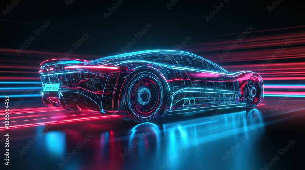 Poster 3d rendering of an electric car with glowing lines and digital code overlay