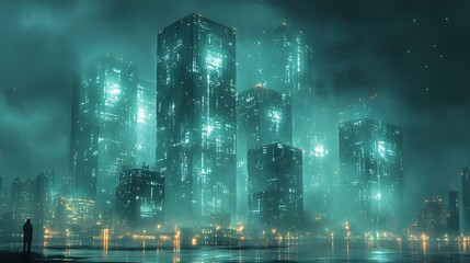 Obraz premium Ethereal teal cityscape glows mysteriously under a heavy fog futuristic architecture dominates the scene. AI Generated