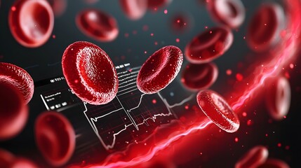 A sci fi inspired visualization of red blood cells within a digitally simulated bloodstream enhanced with neon luminescence  The composition features a high tech medical dashboard overlay