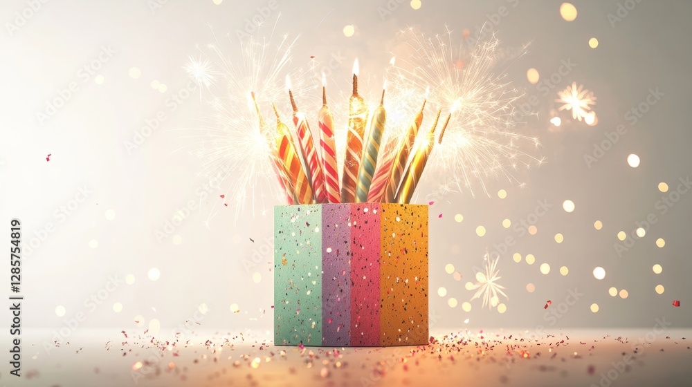 Poster a simple 3d-rendered firework box with colorful illustrations of sparklers and fireworks, set agains