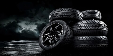Perfectly positioned tires ready for installation against a bold black background.