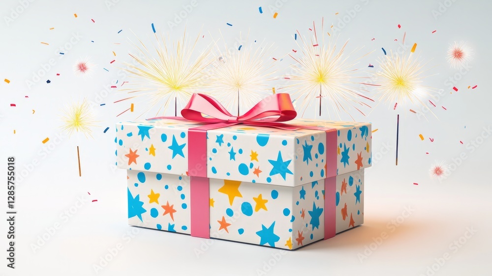 Poster a simple 3d-rendered firework box with colorful illustrations of sparklers and fireworks, set agains