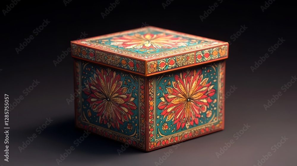 Poster a single firework box, rendered in 3d, with intricate detailing and colorful graphics, set against a