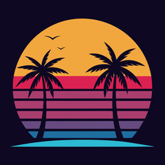 palm trees palm trees with an 80s aesthetic retro vintage illustration ,  retro vintage palm tree with sunset vector illustration 
