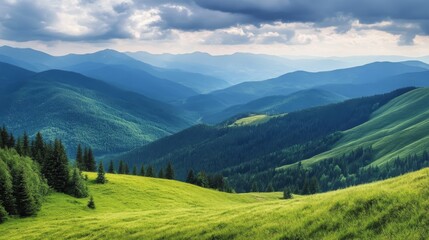 Fototapeta premium Rolling green hills stretch out beneath a cloudy sky, dotted with lush coniferous forests. The mountain slopes gleam in the summer sunlight, creating a breathtaking natural panorama.
