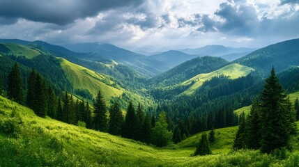 Obraz premium Rolling green hills stretch out beneath a cloudy sky, dotted with lush coniferous forests. The mountain slopes gleam in the summer sunlight, creating a breathtaking natural panorama.
