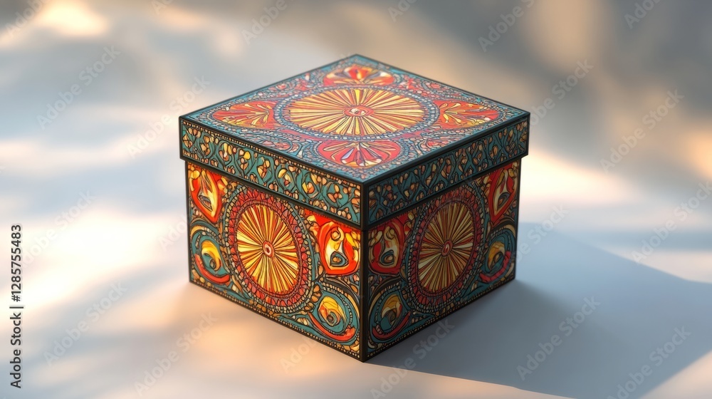 Poster a single firework box, rendered in 3d, with intricate detailing and colorful graphics, set against a