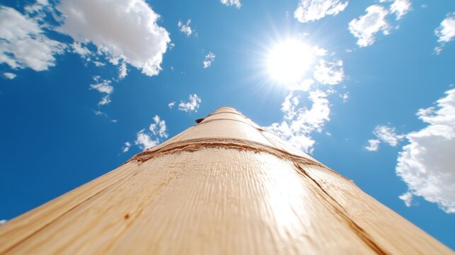 A tall wooden pole with the sun shining through the clouds