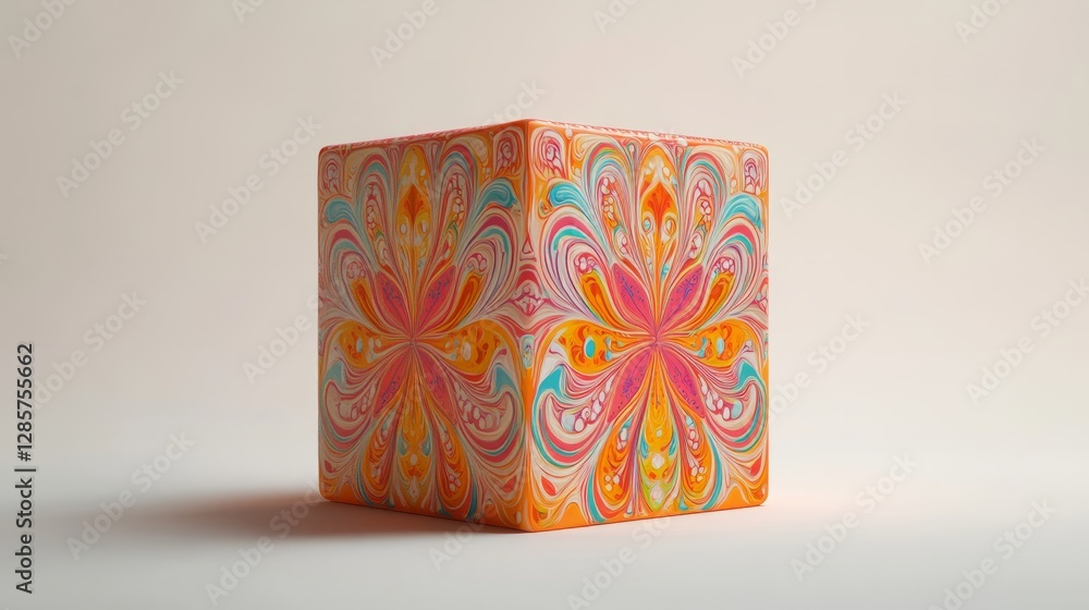 Poster a single firework box, rendered in 3d, with intricate detailing and colorful graphics, set against a