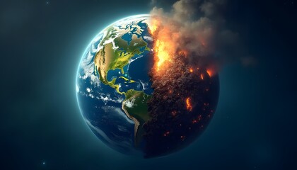 Fototapeta premium Burning Planet Earth Half in Flames Global Warming Concept