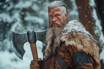 Fierce warrior stands in the snowy forest, wielding a double-headed axe with a determined expression and warrior markings on his face