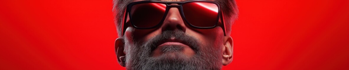 Random man wearing sunglasses poses confidently against a vibrant red background