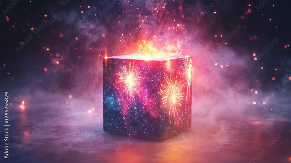 Poster a vibrant 3d firework box with firework illustrations, placed on a white background with soft lighti