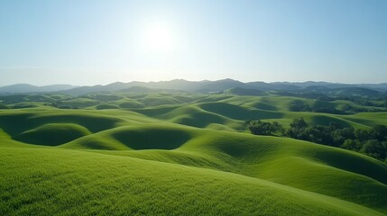 Fototapeta premium Serene Rolling Green Hills Bathed In Sunlight, A Breathtaking Panoramic View Of Natures Tranquility