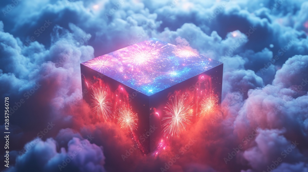 Poster a vibrant 3d firework box with firework illustrations, placed on a white background with soft lighti