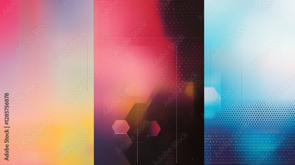 Poster abstract background with geometric shapes, gradient colors and halftone dots in three panels