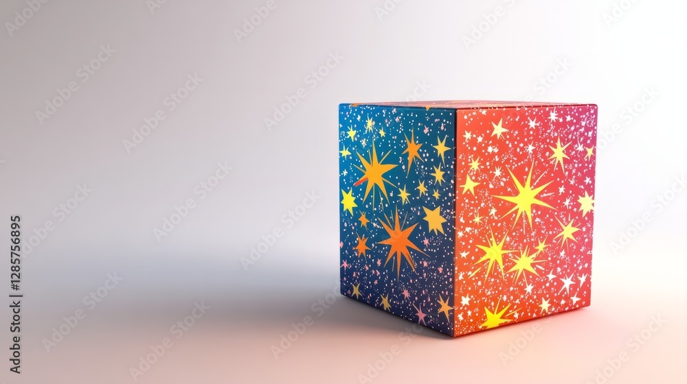 Poster a vibrant 3d-rendered firework box with star and firework patterns, set against a simple white backg