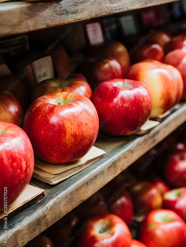 Aufkleber fresh red apples displayed on wooden shelves in rustic market setting interior : generative ai