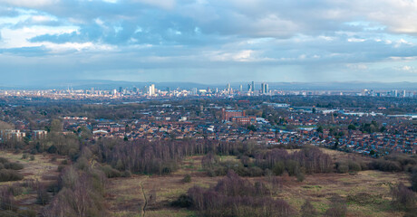 Panoramic aerial image of Manchester Skyline from Swinton area. 