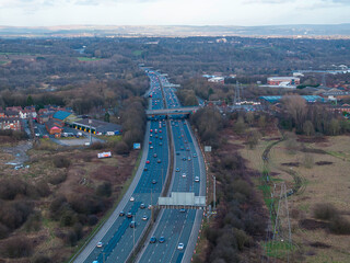 Aerial image of M60 Manchester outer ring road near Swinton. England, UK. 