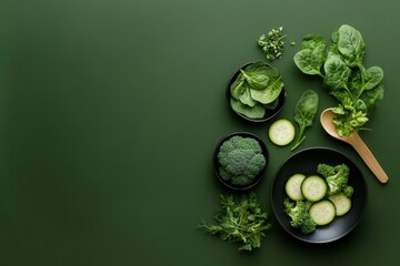 Green vegetables flat lay with broccoli spinach cucumber