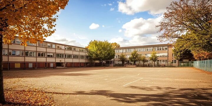 Serene landscape showcasing a schoolyard without students. 