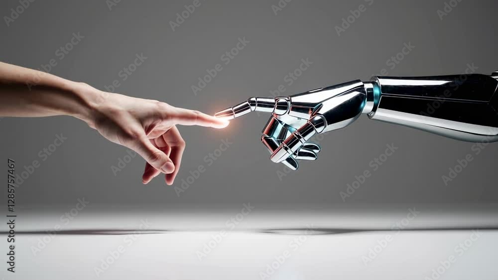 Poster Robotic and human hands connecting in slow motion sequence, symbolizing technological convergence and collaborative interaction against minimalist white backdrop