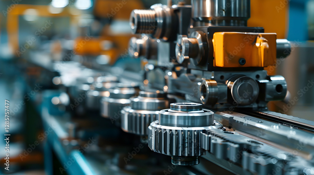 Aufkleber close-up of precision machinery components in a factory setting with blurred industrial background