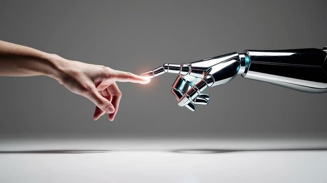 Robotic and human hands connecting in slow motion sequence, symbolizing technological convergence and collaborative interaction against minimalist white backdrop