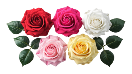 A set of roses in different colors isolated on a clean PNG background, elegant floral collection for romantic and decorative designs