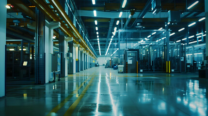 Obraz premium Modern industrial interior showcasing a spacious factory floor with bright lighting and clean surfaces