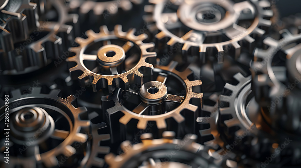 Poster close-up of interlocking metallic gears showcasing intricate design and engineering, ideal for techn