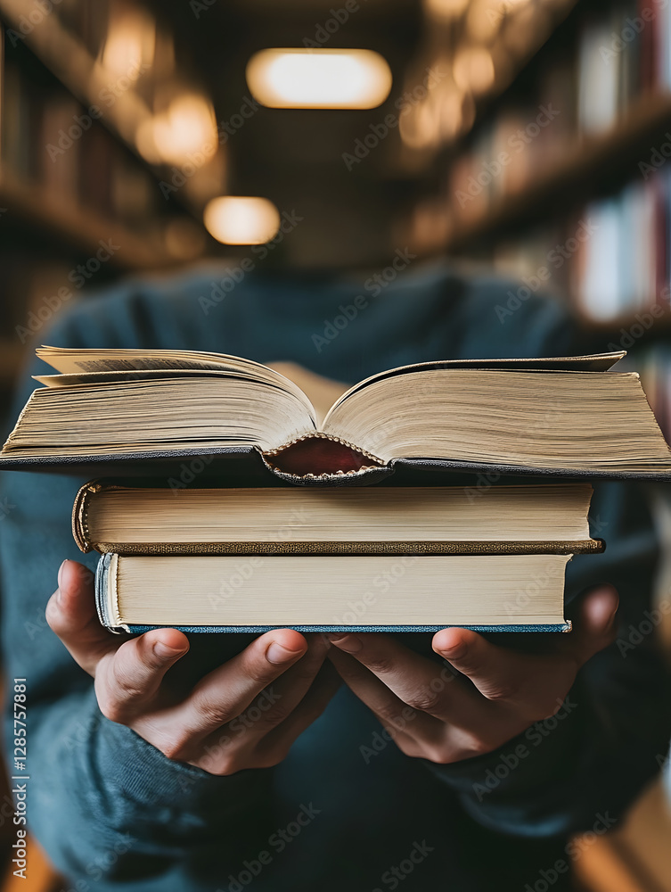 Poster Man Holding Stack of Open Books in Front of Library Shelves : Generative AI