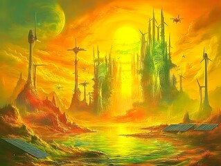Obraz premium Vibrant futuristic landscape with wind turbines and solar panels under a glowing sunset