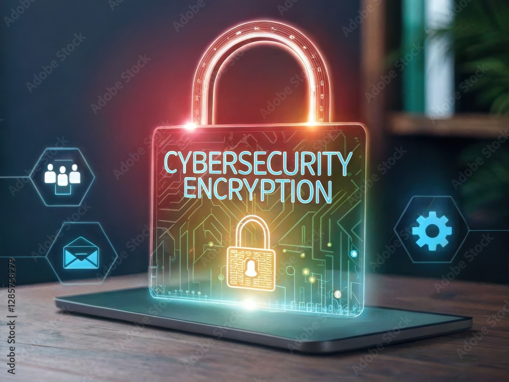 Poster a digital image representing cybersecurity, featuring a glowing padlock and the words 