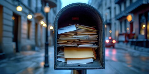 Open street mailbox filled with letters waiting for pickup.