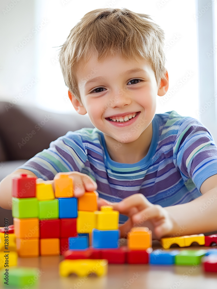 Poster smiling young boy playing creatively with colorful building blocks at home : generative ai