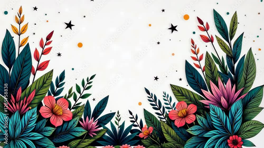 Poster a colorful flowery background with stars and leaves. the background is white. there are many flowers