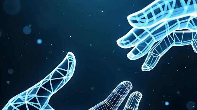 A futuristic artificial intelligence robot digital art hand Motion video on dark blue background.
