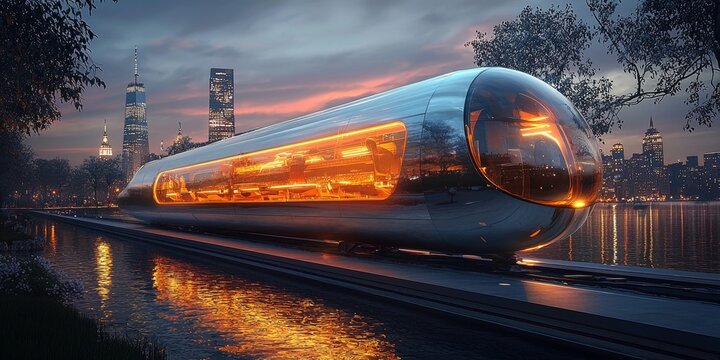Revolutionary hyperloop in motion, blurring past landscapes at breakneck speed 