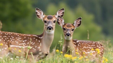 Fototapeta premium Two Alert Fawns in Sunlit Meadow Surrounded by Wildflowers : Generative AI