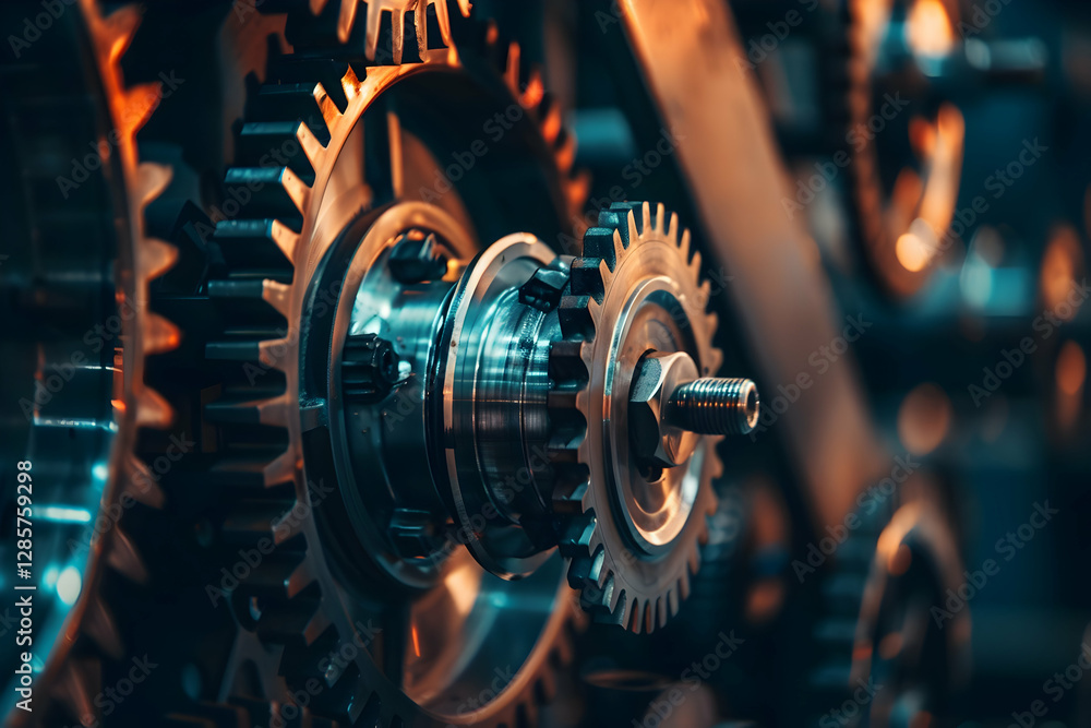 Aufkleber close-up view of intricate metallic gears in motion, showcasing engineering precision and design