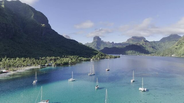 Opunohu Bay in Moorea, French Polynesia with Mount Rotui in the distance