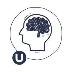 Outline of a head with a brain inside, symbolizing intelligence and thought.